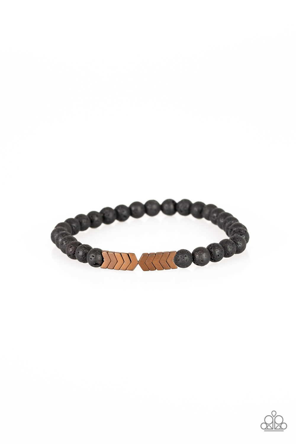 Lost Arrow - Copper Item #P9SE-URCP-061XX Dainty black lava rock and copper chevron-like frames are threaded along a stretchy band around the wrist for a seasonal look.  Sold as one individual bracelet